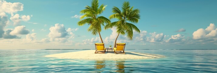 deckchairs under palm trees on a lonely sand island in the middle of the ocean - obrazy, fototapety, plakaty