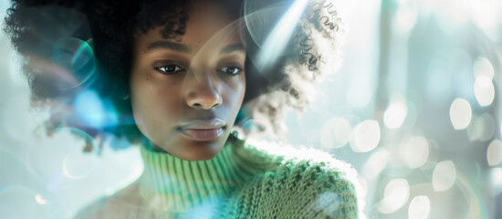 Ethereal Portrait of a Young African American Woman with Curly Afro and Bokeh Lights - obrazy, fototapety, plakaty