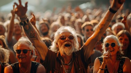 Crowd of very old people men and women having fun in a rock concert. Generative AI.