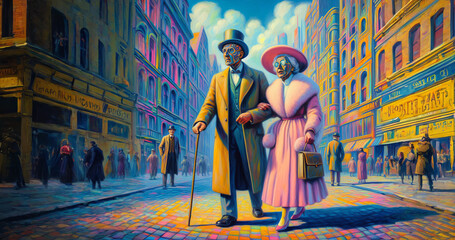 Obraz na płótnie Canvas Abstract image of a couple, dressed in 1920s style, walking through the surreal streets of a brightly colored city