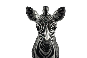 Close-up of a zebra's head showing a black and white striped pattern. Isolated on a transparent background.