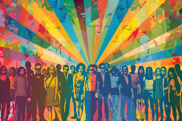 Vintage Inspired 1970s Pop Art Illustration Celebrating Pride Day and LGBT Community Diversity - obrazy, fototapety, plakaty