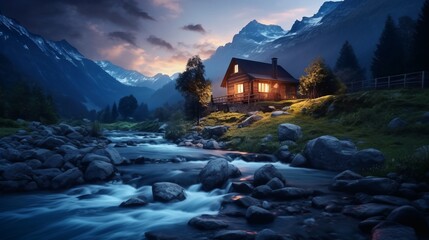 Old romantic illuminated wooden cabin in the mountains by a wild stream torrent at dusk - obrazy, fototapety, plakaty