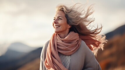 portrait of middle aged happy woman enjoying nature