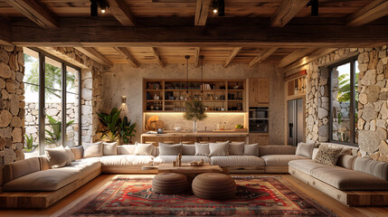 Cozy rustic living room with stone walls, wooden beams, plush sofas, and a warm inviting ambiance. - obrazy, fototapety, plakaty