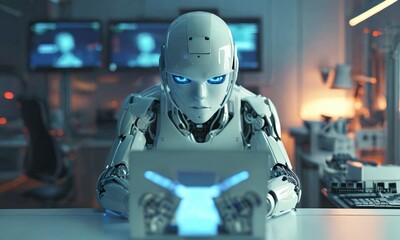 Cybernetic humanoid intensely operates holographic interface in a futuristic lab setting.