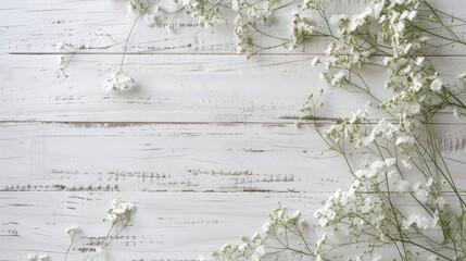 fresh flowers arranged in the lower right corner of a white wooden background, exuding a minimalistic style and offering ample empty space for text, in a realistic scene.