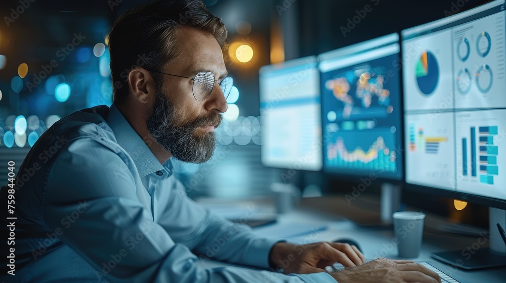 Poster Businessman managing a project on computer with visible project charts on screen. Generative AI.