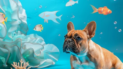 A French Bulldog looks on with curiosity in a digital sea life environment, surrounded by virtual fish and coral.