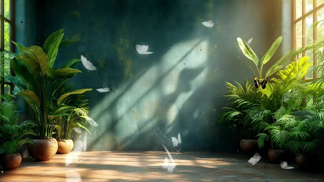 Relaxing space with tropical plants and light in the window