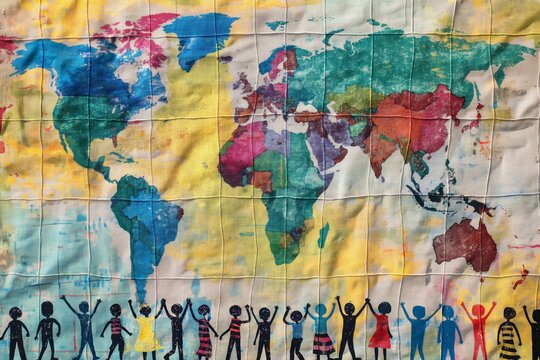 Diverse silhouettes in front of a vibrant, painted world map on fabric