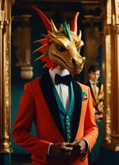 Award - Winning Cinematic Still of Dragon-Headed butler posing and wearing Fashionable Suit. Colorful.