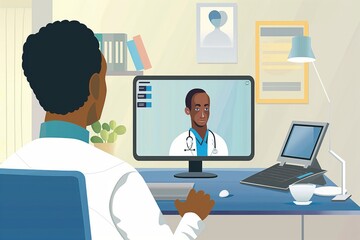 Illustrated virtual medical consultation with African ethnicity characters using digital technology for remote online doctor appointment and healthcare service via video call on a laptop