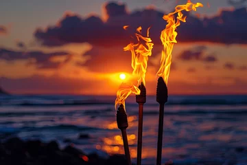 Foto auf Acrylglas Antireflex Hawaii sunset with fire torches © Fabio