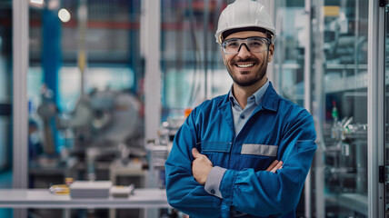 an industrial engineer wearing blue overalls and safety glasses, standing in front of modern machinery with glass walls, symbolizing innovation and technical skill. - obrazy, fototapety, plakaty