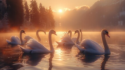 A group of swans in a lake. Generative AI.