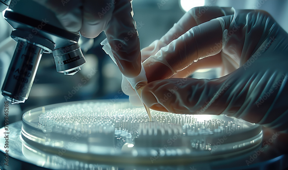 Aufkleber Close up scientist hand in a laboratory, manipulating nanomaterials with precision instruments. the intricate process of researching nanotechnology for medical applications. Generative AI.