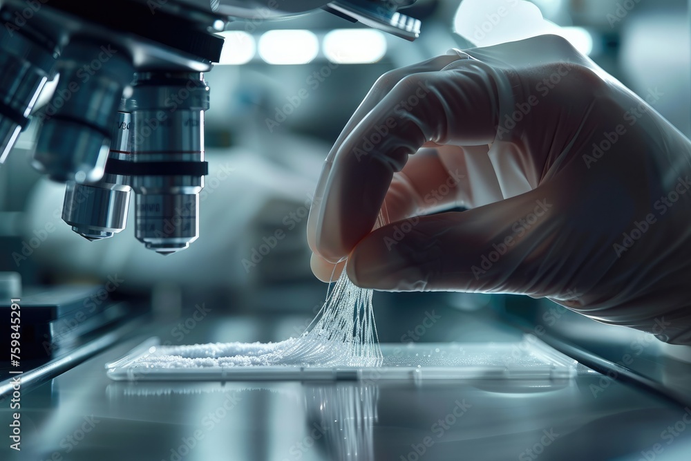 Aufkleber Close up scientist hand in a laboratory, manipulating nanomaterials with precision instruments. the intricate process of researching nanotechnology for medical applications. Generative AI.