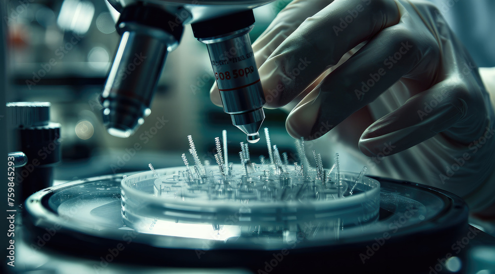 Aufkleber close up scientist hand in a laboratory, manipulating nanomaterials with precision instruments. the 