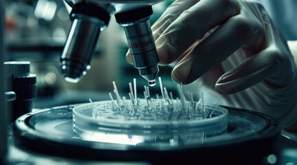 Close up scientist hand in a laboratory, manipulating nanomaterials with precision instruments. the intricate process of researching nanotechnology for medical applications. Generative AI.
