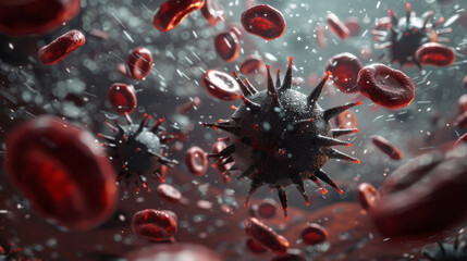 Red blood cells and virus-like particles float in a dark, microscopic environment.