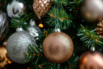 Different types of shiny Christmas toys on a Christmas tree close up shot