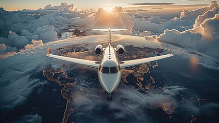 A business jet over world map. Generative AI.