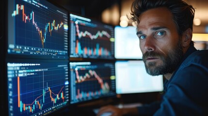 Businessman doing stock trading with computer showing a screen for stock day trading. Generative AI. - obrazy, fototapety, plakaty