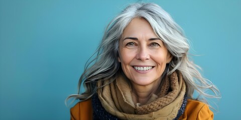 Happy senior woman with grey hair and white teeth on blue background. Concept Happy Senior Woman, Grey Hair, White Teeth, Blue Background, Smiling Portrait - obrazy, fototapety, plakaty