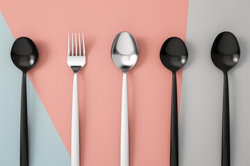 Top view of a contemporary fork and spoons set against a pink and grey backdrop