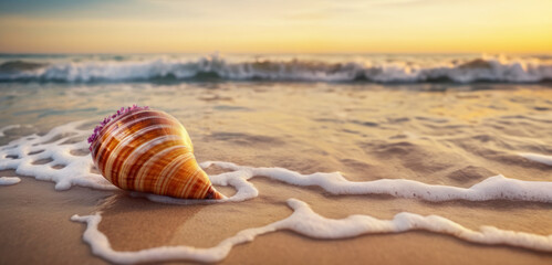 Fototapeta na wymiar A close-up of a seashell with flowers on the sand. Evening ocean in the background. Summer vacation concept for banner, flyer, poster, postcard with copy space.