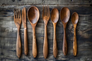 Overhead view of a handcrafted wooden spoon and fork set on a rustic wooden background