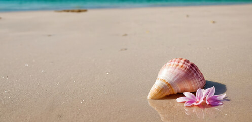 Fototapeta na wymiar A close-up of a seashell with flowers on the sand. Ocean in the background. Summer vacation concept for banner, flyer, poster, postcard with copy space.