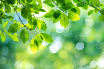 Fototapeta na wymiar Vibrant Spring Leaves Background with Fresh Green Foliage Under Sunlight