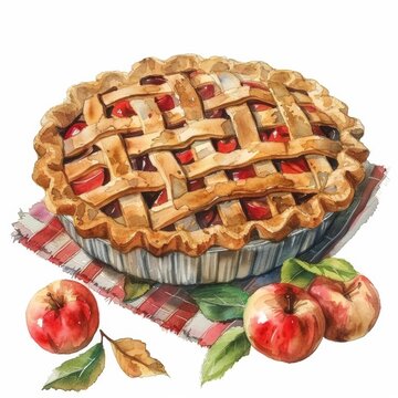 Hand-painted watercolor illustration of a classic apple pie with lattice crust on a checkered cloth, symbolizing traditional American cuisine, particularly associated with Thanksgiving celebrations