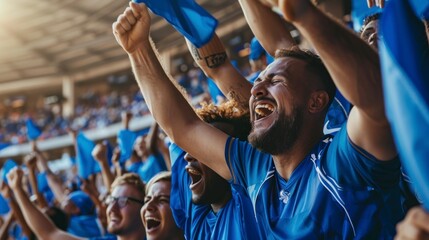 group of people in blue shirts happy at the stadium - obrazy, fototapety, plakaty
