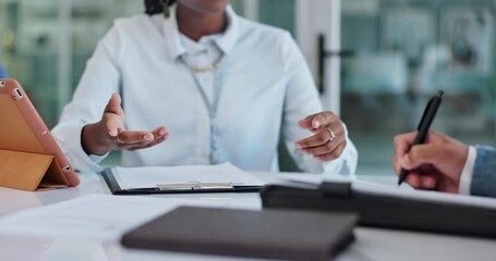 Business people, hands and closeup at meeting with paperwork for proposal, deal or negotiation with tech. Group, team or b2b collaboration for creative agency in legal consultation with documentation