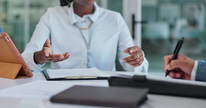 Business people, hands and closeup at meeting with paperwork for proposal, deal or negotiation with tech. Group, team or b2b collaboration for creative agency in legal consultation with documentation