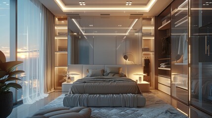 A bedroom with a wide headboard and a glass wall for a closet in light colors in a modern....