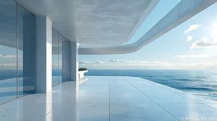 Minimalist and fashionable architecture, minimalist flooring, high-end and sea views. Generative AI.