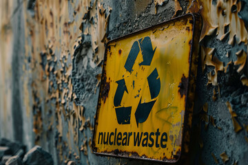 Nuclear waste warning sign, rotten and grungy,with writing”nuclear waste”