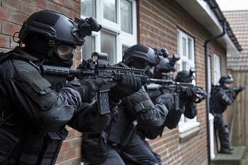 Fototapeta premium A British police SWAT team practice a house entry technique