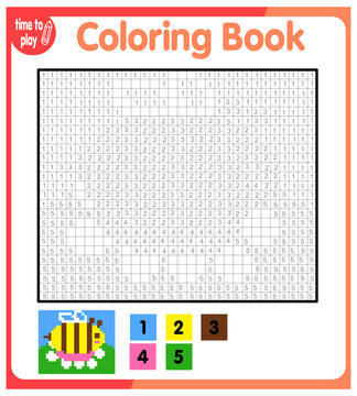 Coloring by numbers, educational game for children. Copy the image and add the grid image. Study the worksheets showing squares. Pixel pictures, vector illustration. wasp. bee. animal