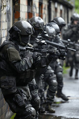 A British police SWAT team practice a house entry technique