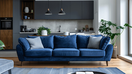 Modern Living Room Interior with Blue Sofa and Stylish Decor