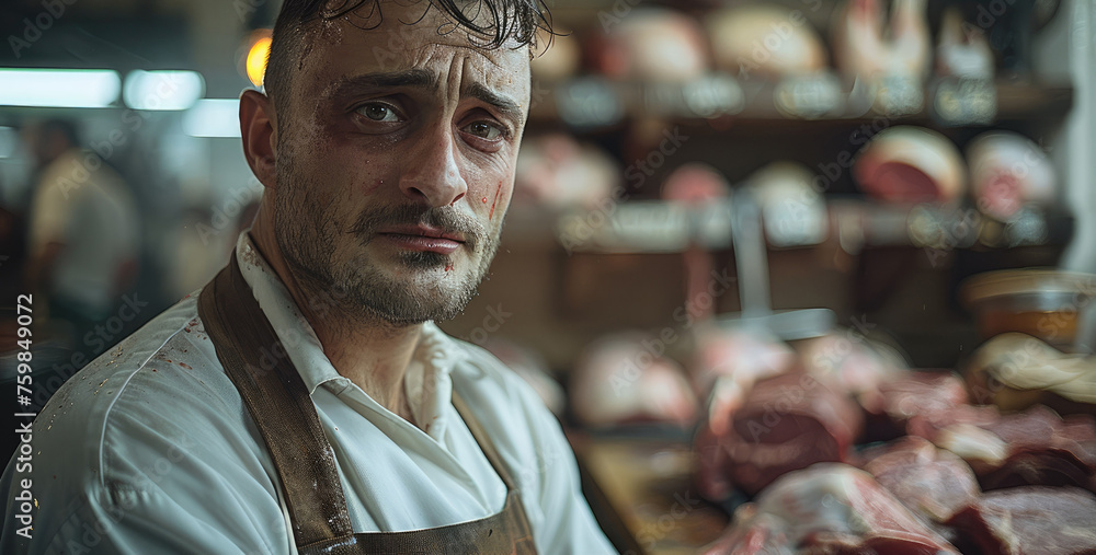 Wall mural portrait of a butcher inside the butcher shop crying emotionally. generative ai.