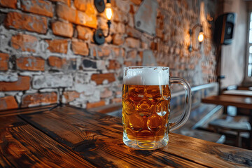 Beer in mug on wooden table near brick wall