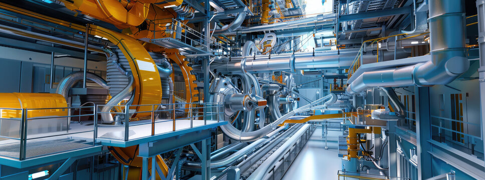 The intricate network of pipes and machinery in a modern industrial plant, graphic design