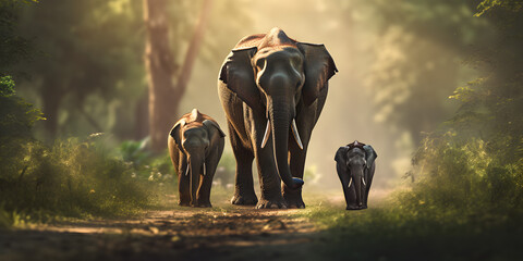 Elephant herd  in forest in morning 