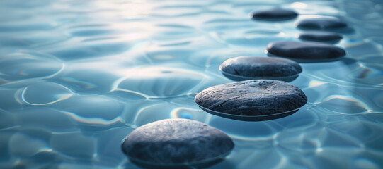 Zen stones path on tranquil blue water, concept of balance and meditation
